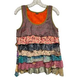 SILLY YETI Top S Tank Ruffles Tiered Mixed Print Boho Silk Festival CottageCore